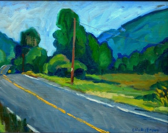The Yellow Line, Berkshires Road. Realist Oil Painting on Panel, 11x14 American Impressionist Plein Air Landscape, Signed Original Fine Art