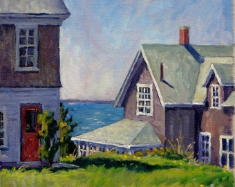 The Bogdanov House, Monhegan, Maine. 12x12 Oil Painting on Canvas, American Impressionist Landscape, Signed Original Realist Seascape