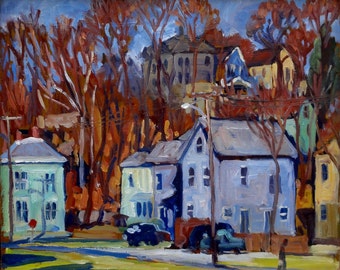 Autumn Houses, North Adams, Massachusetts. Berkshires Oil Painting Landscape, 10x12 Strip Framed Impressionist Fine Art, Signed Original Oil
