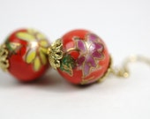 Brass Earrings with Hand-Painted Red Flower Beads from India