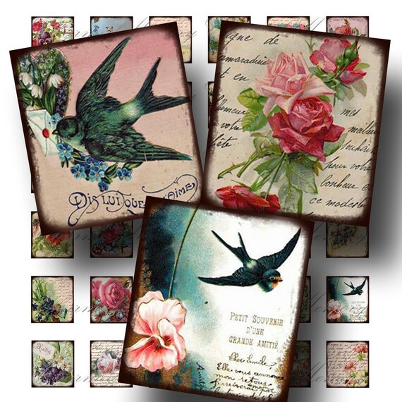 Birds & Flowers Digital Collage Sheet / SALE Victorian