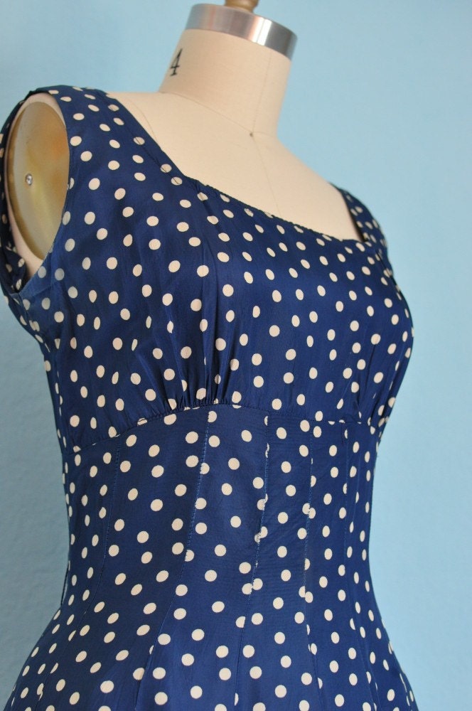 vintage 1950s OCEAN BLUE silk polka dot dress