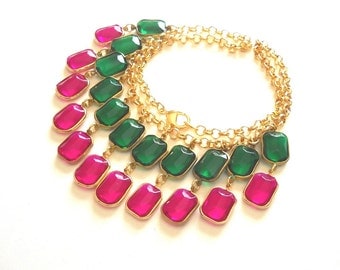 Crystal Chandelier Necklace, Emerald Statement Necklace, Pink Fuchsia and green vintage style jewelry