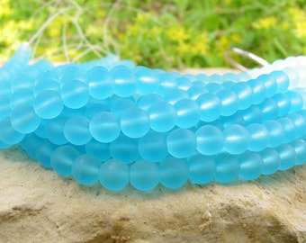 8" (24pcs) AQUA 8mm blue sea beach velvet glass beads matte frosted small round