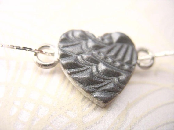 Silver jewelry Heart Valentines necklace , angel wing design locket , chain polymer clay handmade handstamped embossed raised design pendant