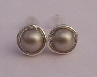 Platinum Pearl Stud Earrings (8mm), Swarovski Pearl Stud Earrings, Wire Wrapped Sterling Silver Stud Earrings, Medium Platinum Stud Earrings