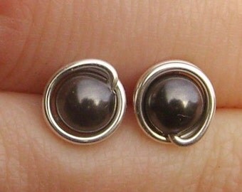 Small Black Pearl Stud Earrings (7mm), Swarovski Pearl Stud Earrings, Wire Wrapped Sterling Silver Stud Earrings, Small Black Stud Earrings
