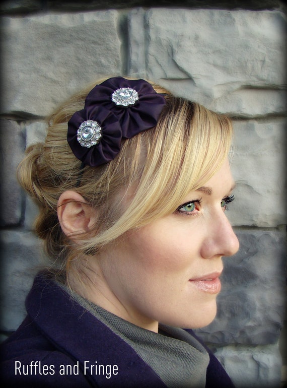 Items similar to Deep Eggplant Jeweled Double Flower Headband for Adult