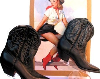 Vintage Peewee Cowboy Boots Womens Black Leather Cowpunk Shorty Western Boots Wms size 6 1/2