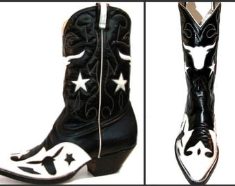 Vintage Cowboy Boots Men's Rancho Loco Leather Inlay Steer Western Boots Mn US Size 8