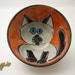 Handmade Majolica Ceramic Pottery Clay Bowl Earthenware Grey Gray and Black Siamese Cat Dish on Orange Red / Clay Lick Creek Pottery