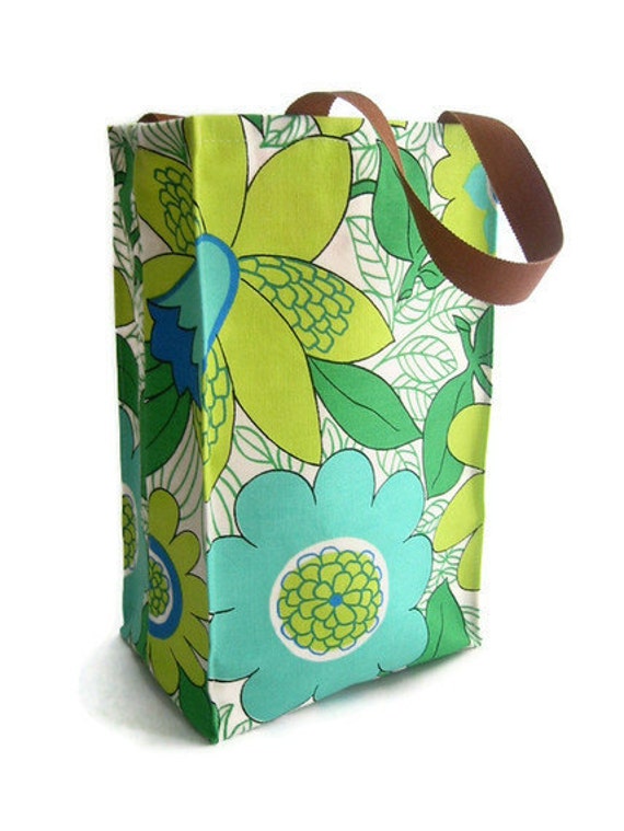 Lunch Bag Repurposed Vintage Tablecloth Green and Blue