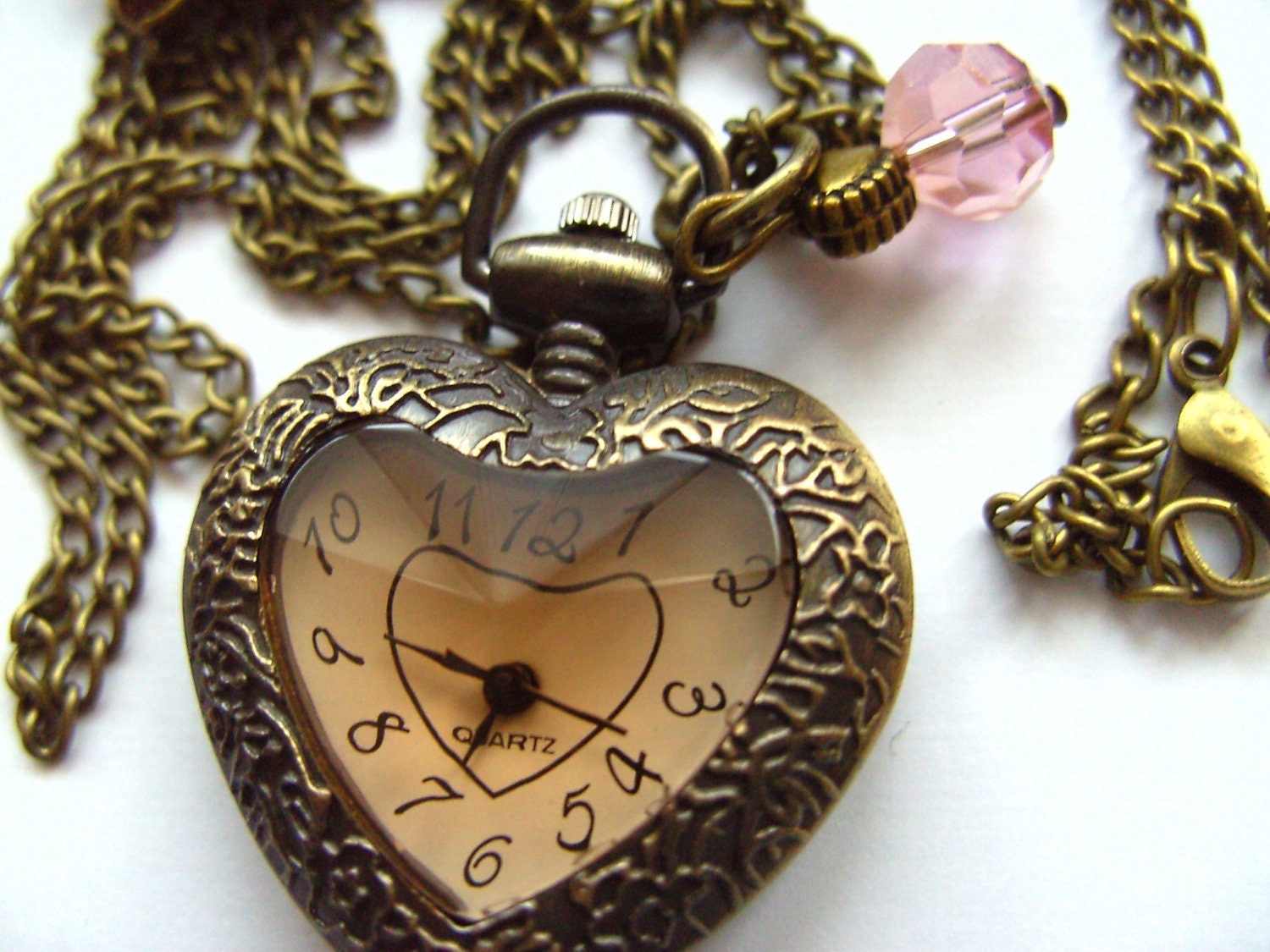 Pocket watch love heart necklace earrings set pink