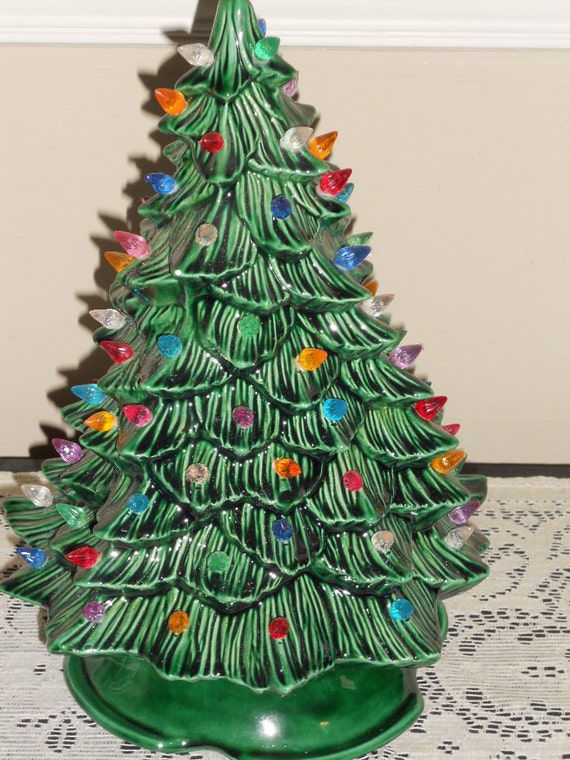 Vintage Small Green Ceramic Christmas Tree With Multi-Colored