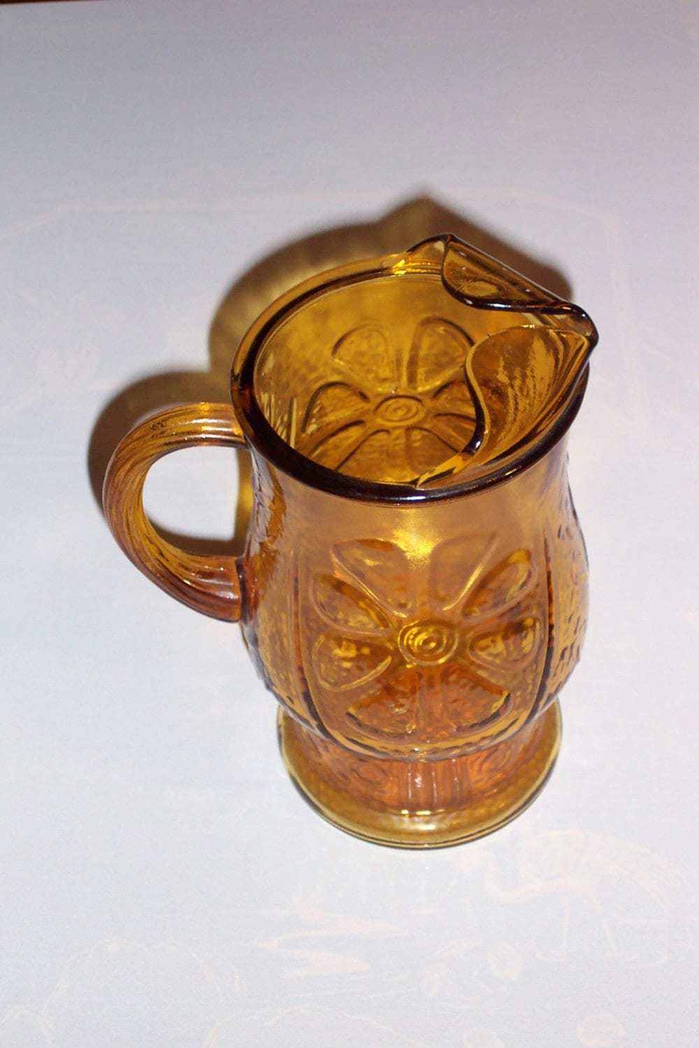 Beautiful Amber Depression Glass Pitcher With Flower Design 1930