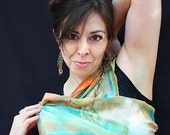 wearable art silk scarf  OOAK in turquoise and peach