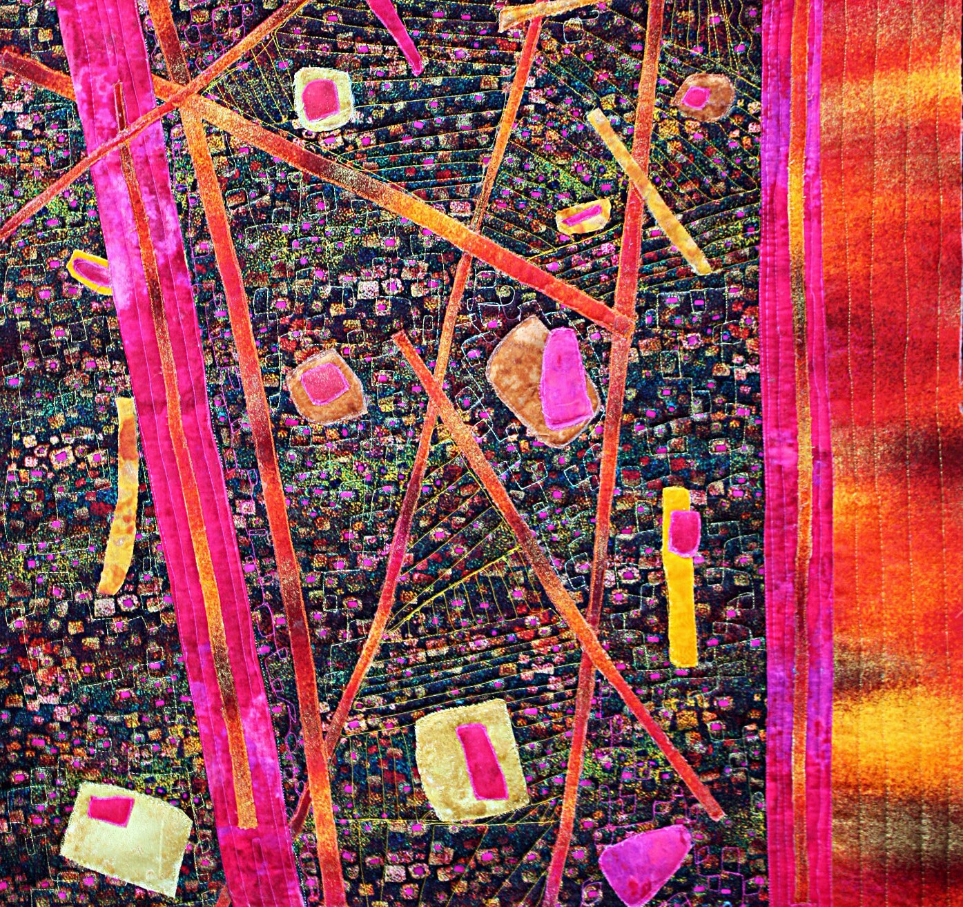 Abstract art quilt wall hangingbold color has gold metallic