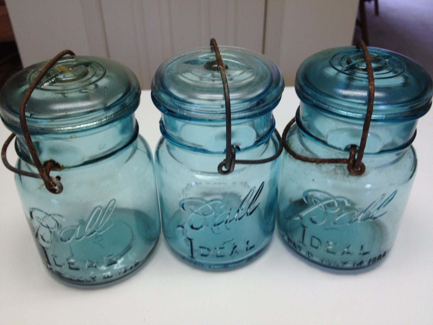 3 Vintage OLD Glass Top Ball Mason Glass Top Canning Jars 4