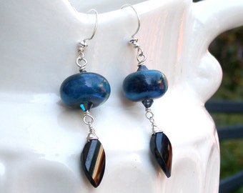 Black garnet earrings, Handmade boroscilicate glass and sterling silver earrings-Blue Planet OOAK