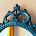 Ornate Oval Mirror in Vintage Metal Frame - 17 x 12 inch Handpainted Brass in Shimmering Aqua