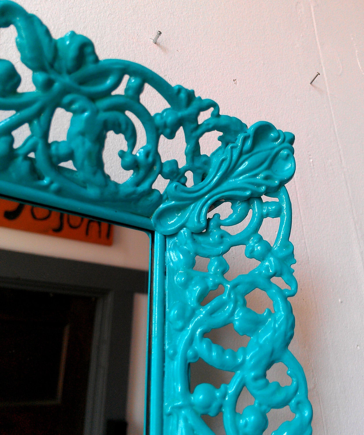 Decorative Wall Mirror in Bright Turquoise Vintage Filigree