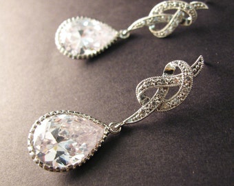 Clear white teardrop cz with twist knot post earrings - Free US shipping