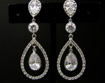 bridal wedding Clear white teardrop AAA cubic zirconia on teardrop cz white gold post earrings with circular cz connectors