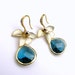 free US shipping - teal indicolite blue faceted teardrop bezel crystal on gold plated cz sterling silver hook with orchid flower