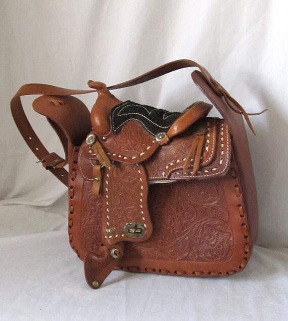 Vintage tooled leather saddle purse large handbag country