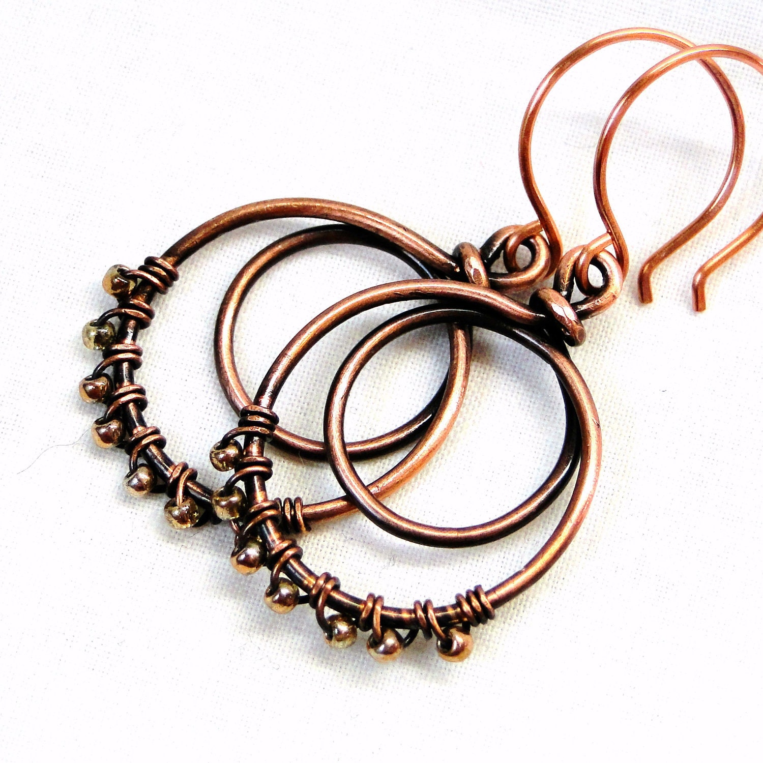 Beaded Earrings Wire Wrapped Copper Handcrafted Jewelry