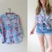 vintage 1980s Painterly Turquoise, Pink, Grey, and Lavender Print Oversized Button Shirt -- M/L/XL