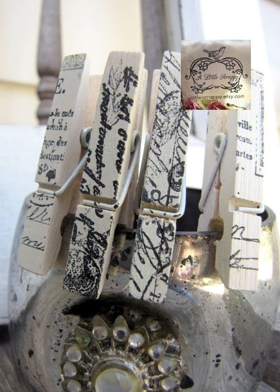 Mini Clothespins Cream with French Designs