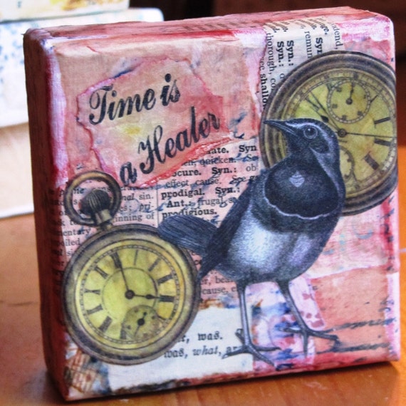Time is a healer - Original collaged / mixed media canvas (10 x 10cm)