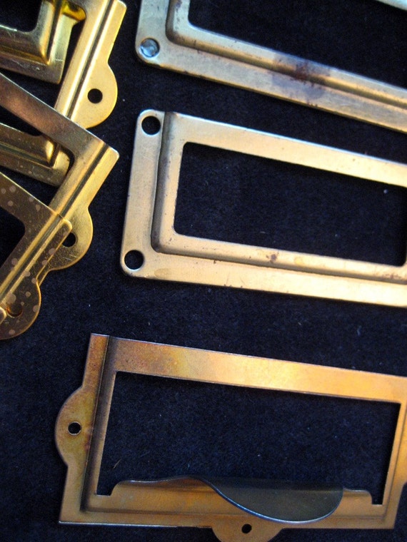 brass card holders and drawer pulls 22 pieces label