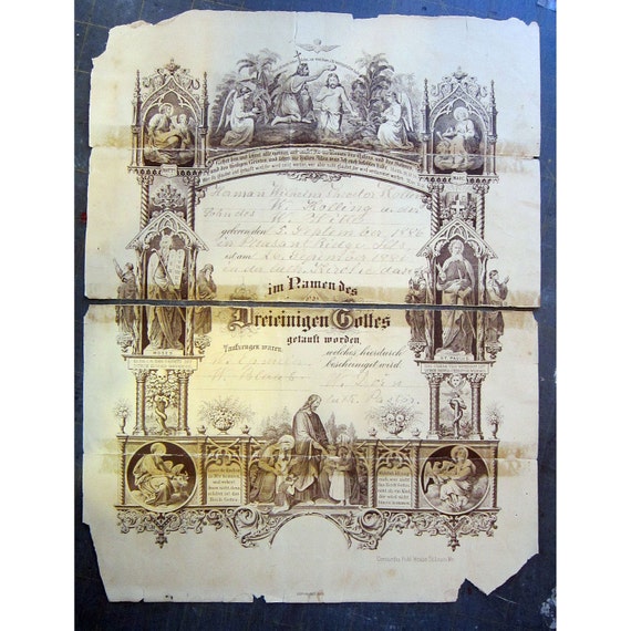 antique certificate fabulous Baptism German circa 1886