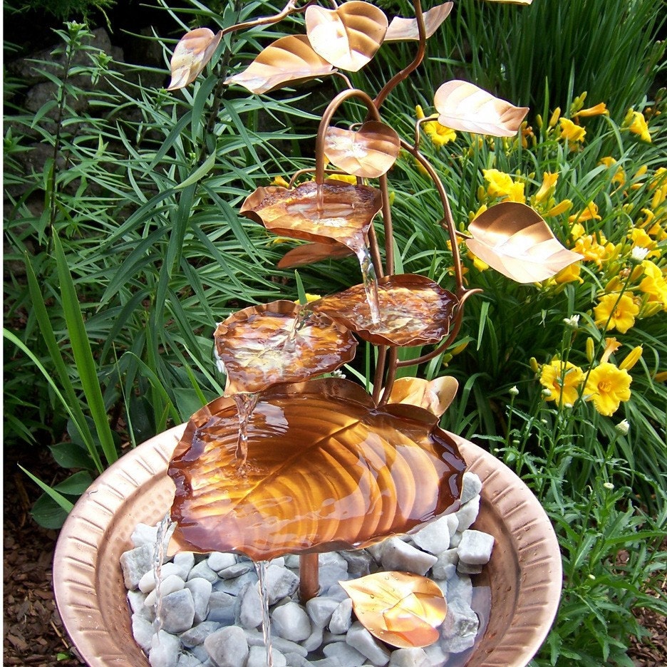 Copper Birdbath Triple Heart Leaf Cascade Bowl Fountain