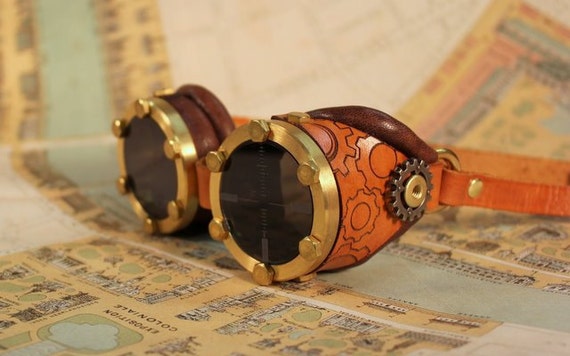 Brass goggles with etched gears by GotSteam steampunk buy now online