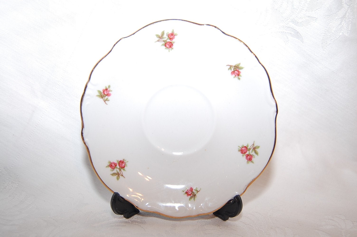 Authentic Bavarian White Fine China Pink Rose Saucer Dish from Bavaria