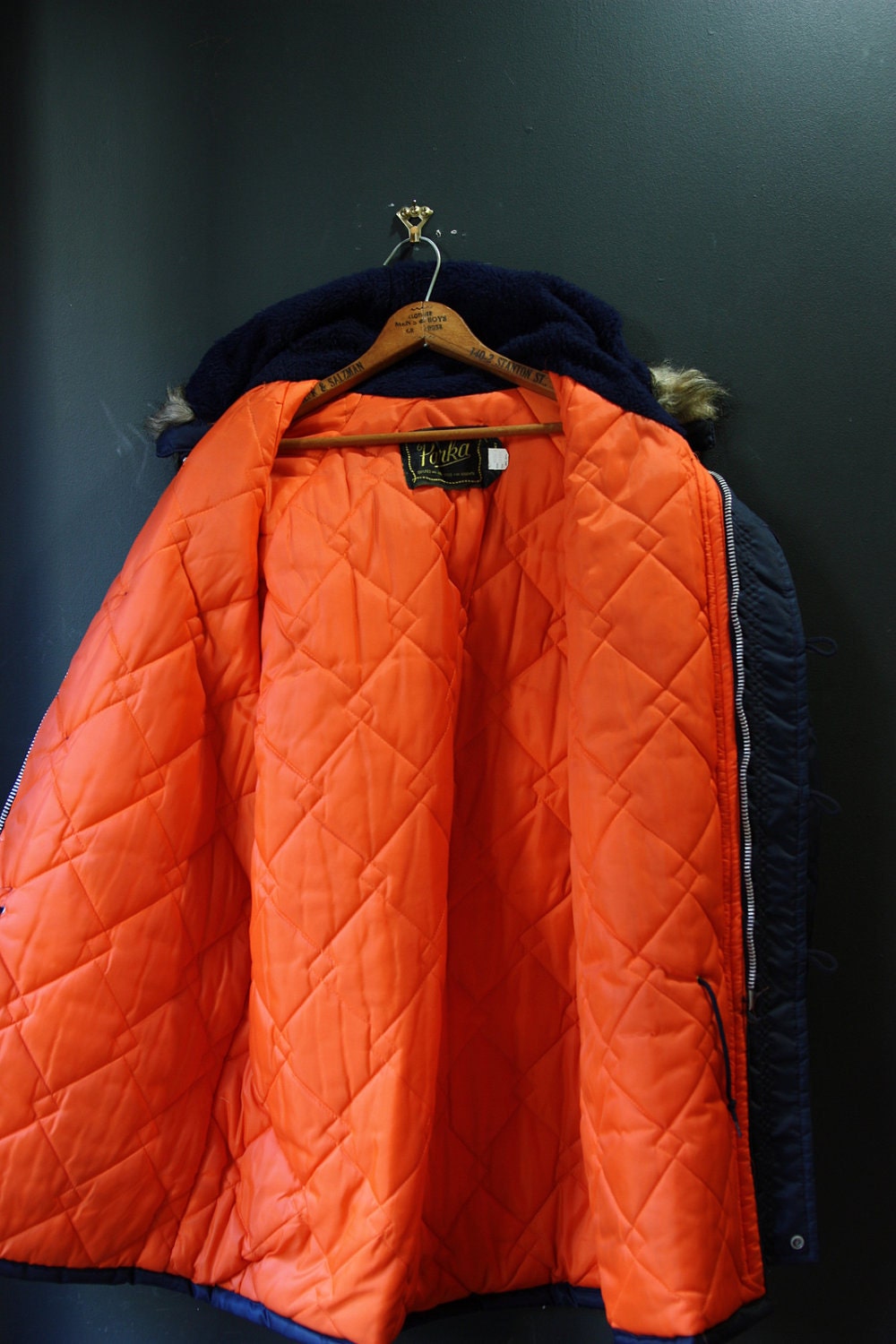 70s Parka / Snorkel Parka / Navy Blue w/ Orange lining