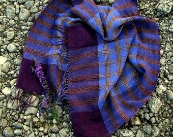 Handwoven Linen Flax Scarf (Shawl)- Purple Chess