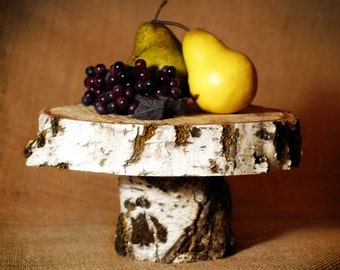 White Birch Rustic Wood Cake Stand 11 inch diameter