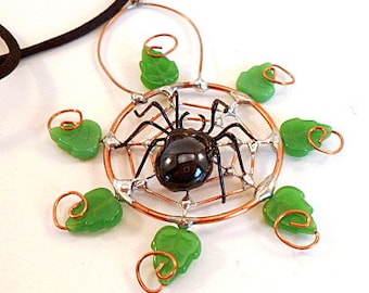 Copper Wire Spider Web and Leaves Pendant OOAK Small Black Wire Spider window Decor Wall Hanging Gift for Bug Lovers