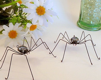 Two Large Black Spiders Surefoot Spider Ornaments Wire Art Spiders Gift for Nature Lovers Kitchen Art Gift of Nature Arachnid