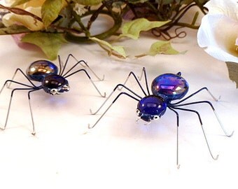 Two Royal Blue Spiders Wire Art Bugs Gift for Entomologists Bug Lovers Birthday Gift Arachnids, Realistic Trendy Sweet Unique Spiders 3 Inch