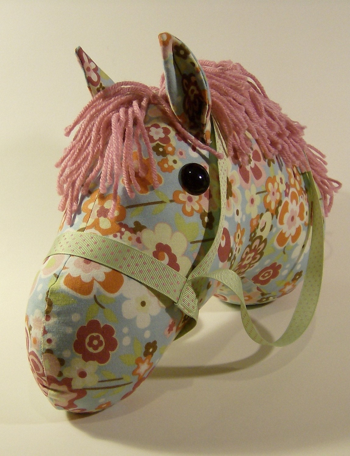 Blue and Pink Flowered stick horse head toy Dusty by LilsGarden
