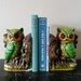 vintage 60s 70s neon green woodland owl bookends, ceramic, retro, library