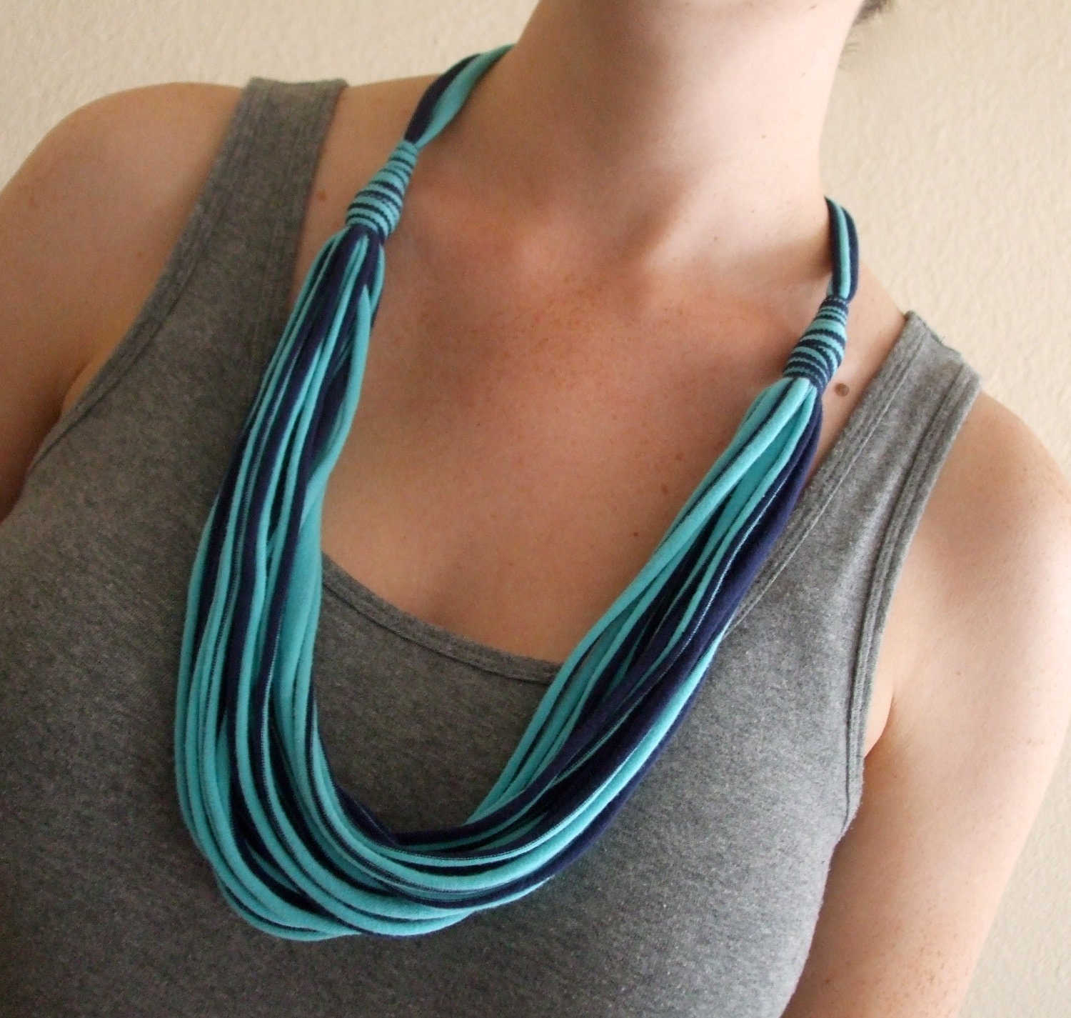 T-Shirt Necklace Navy and Aqua Fabric Necklace T-Shirt