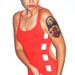 A W E S O M E 1980s Bright Red Peek-A-Boo Striped Swimming Suit