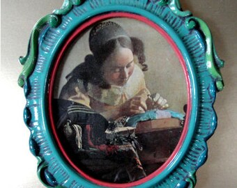 Baroque frame hand painted with Vermeer's "The Lacemaker"