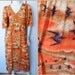 Vtg.70s Burnt Orange Tan Brown Bird Summer Sky Print Angel Kimono Sleeve Maxi Dress.S.Bust 32-36.Waist 27-32.